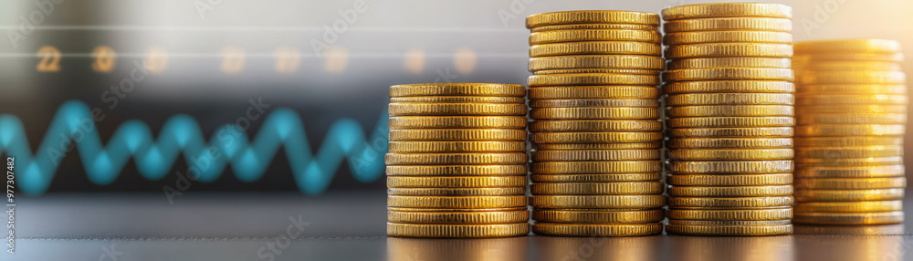Poster stacks of golden coins arranged in ascending order with a blurred background of a financial trading 