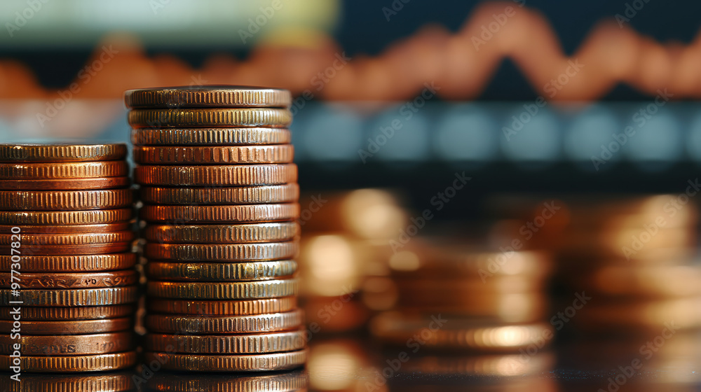 Poster close-up of coin stacks on a reflective surface with a blurred stock market graph in the background,