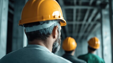 Three construction workers, identifiable by their yellow hard hats, navigate a partly constructed building, representing progress, teamwork, and manual labor in the industrial sector.