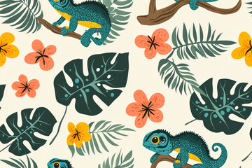 Obraz premium Seamless pattern with cute chameleons with tropical leaves and flowers on a light background. Cartoon tropical lizard.