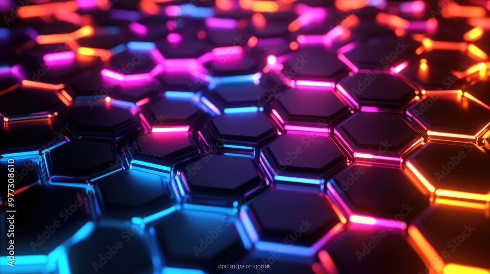 Poster pulsing hexagonal grid glowing in neon colors, expanding and contracting with a rhythmic pattern.