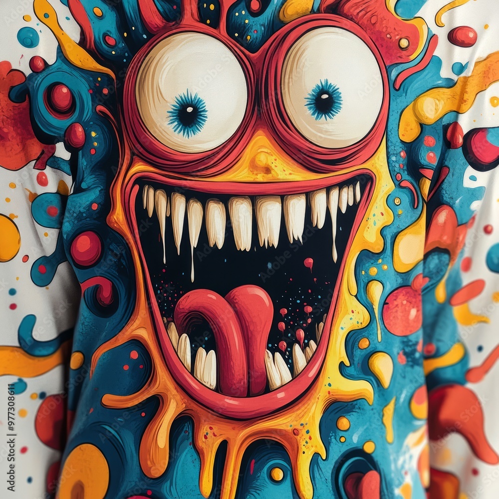 Wall mural Colorful cartoonish face with exaggerated features and vibrant patterns.