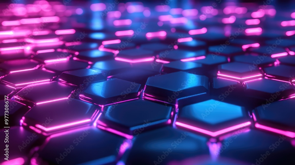 Poster pulsing hexagonal grid glowing in neon colors, expanding and contracting with a rhythmic pattern.