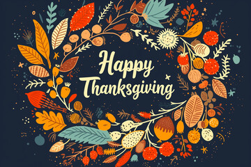 Vector illustration of a Happy Thanksgiving card with hand-drawn doodle-style lettering and a wreath decoration on dark blue background with autumn leaves and floral elements