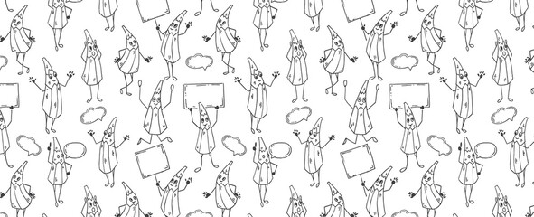 Cute pencil characters pattern. Seamless background with images of funny stationery characters drawn with lines Situation about education, study or learning. Vector wallpaper.