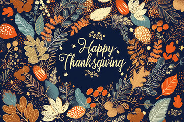 Vector illustration of a Happy Thanksgiving card with hand-drawn doodle-style lettering and a wreath decoration on dark blue background with autumn leaves and floral elements