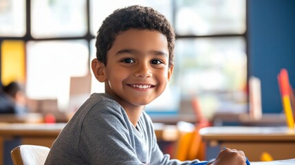 Cheerful young student with a bright smile sits at his desk in a colorful classroom, ready to learn and engage in educational activities.