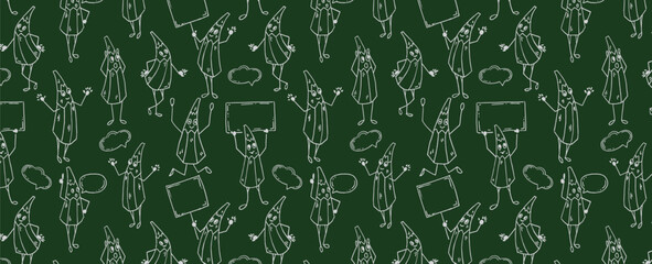 Cute pencil characters pattern. Seamless background with images of funny stationery characters drawn with lines Situation about education, study or learning. Vector wallpaper.
