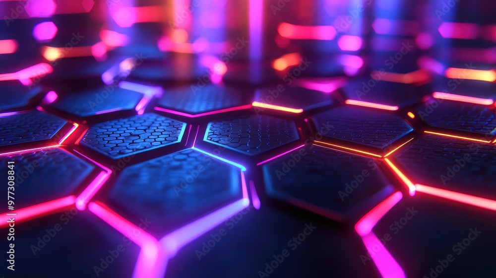 Poster pulsing hexagonal grid glowing in neon colors, expanding and contracting with a rhythmic pattern.