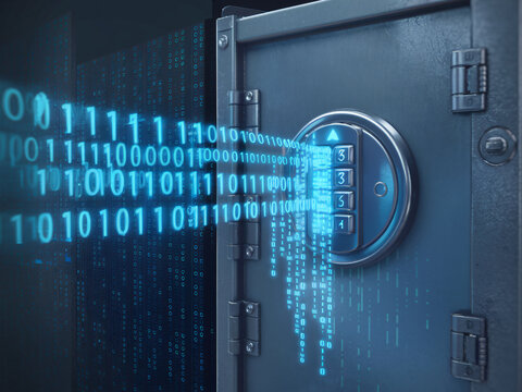 A digital vault with glowing keypad displays binary code, symbolizing security and technology. This image captures essence of modern data protection and encryption