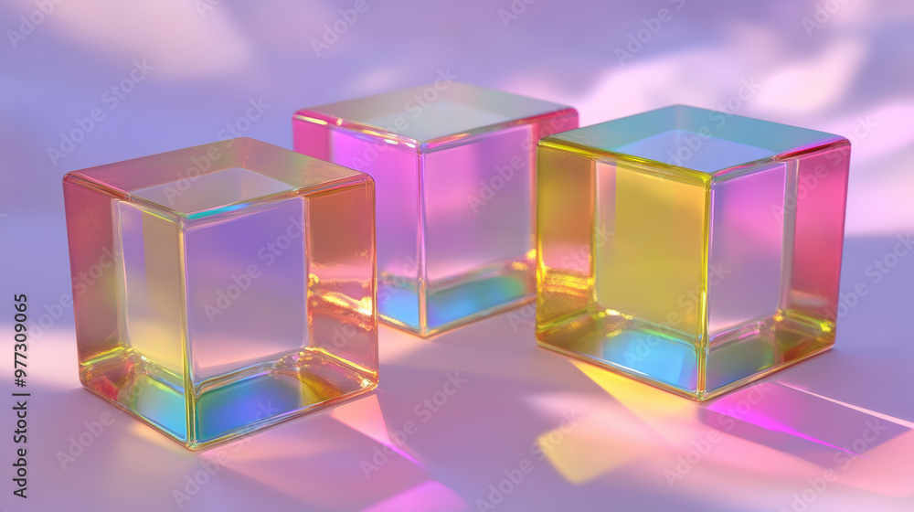 Poster vibrant glass cubes with colorful reflections on a soft purple surface, creating a mesmerizing play 