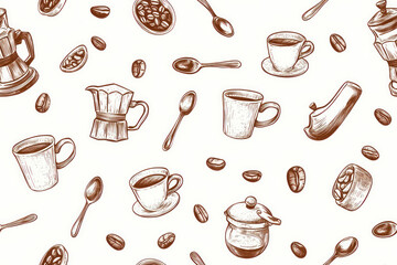 Stylish illustrative coffee pattern. Cups, spoons, coffee makers, coffee beans. Brown drawn seamless pattern.