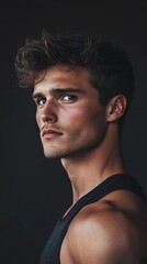Fototapeta premium Striking portrait of a young man with chiseled features and tousled dark hair, gazing intensely against a dark background. His strong jawline and tank top hint at athleticism.