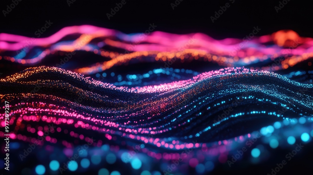 Aufkleber pulsing, jagged waves of neon light creating a sharp contrast against a dark backdrop.