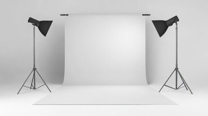 A photo studio with a light gray backdrop and lighting equipment