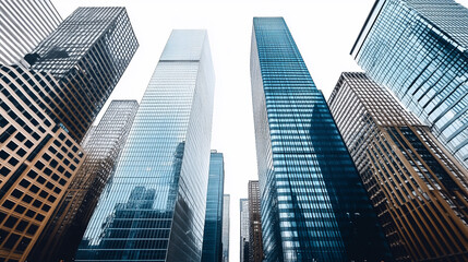 Skyward view of towering skyscrapers in an urban landscape during cloudy daylight