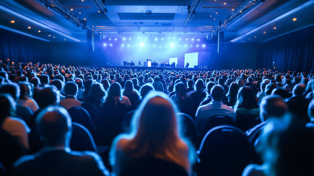 Business conference with audience and presentation on stage