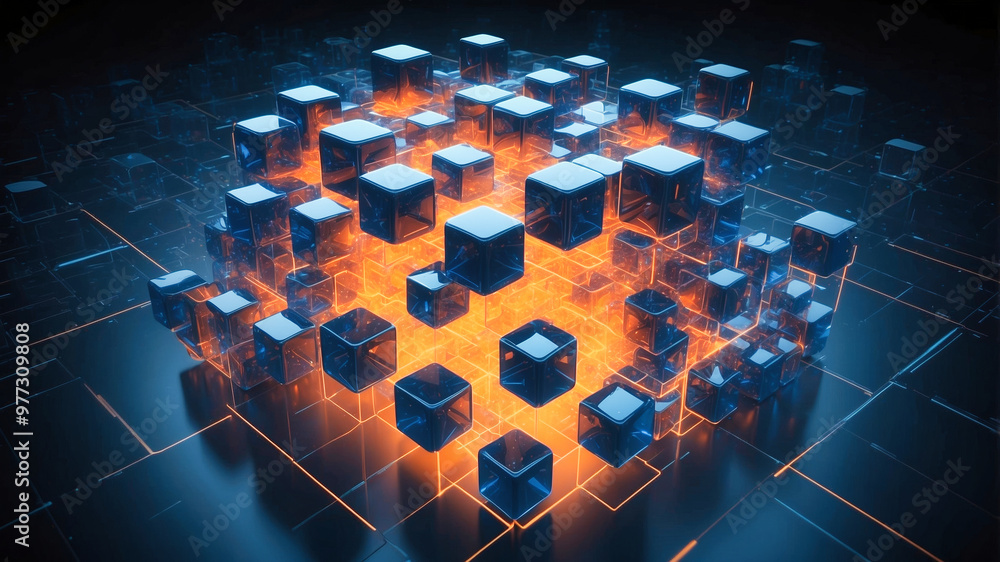 Poster interconnected transparent cubes in an abstract technology composition