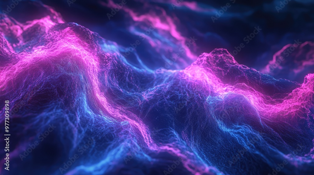 Poster pulsing, jagged waves of neon light creating a sharp contrast against a dark backdrop.