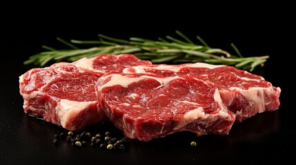 Obraz premium Raw ribeye steaks with marbled fat on dark background, garnished with fresh rosemary sprigs and scattered peppercorns. Prime beef cuts ready for cooking.