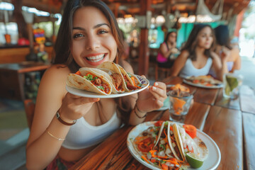 Happy woman smiling while holding a plate of tacos in a casual restaurant setting, surrounded by vibrant food.