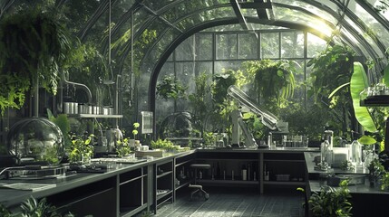 Lush botanical laboratory in a glass greenhouse: scientific equipment and verdant plants coexist in a sunlit, arched structure, creating an atmospheric blend of nature and technology.