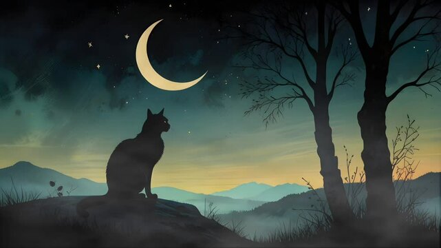 Illustration of a black cat on a scary dry tree. Seamless 4K looping timelapse video animation background