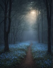 Fototapeta premium Mysterious moonlit forest path surrounded by lush blue flowers. Enchanting atmosphere with soft glowing light filtering through trees, perfect for fantasy themes, nature scenes, or magical landscapes.