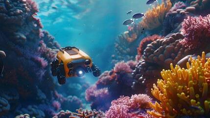 Fototapeta premium Underwater Exploration Robot: A sleek underwater robot exploring a coral reef, capturing stunning marine life footage. 