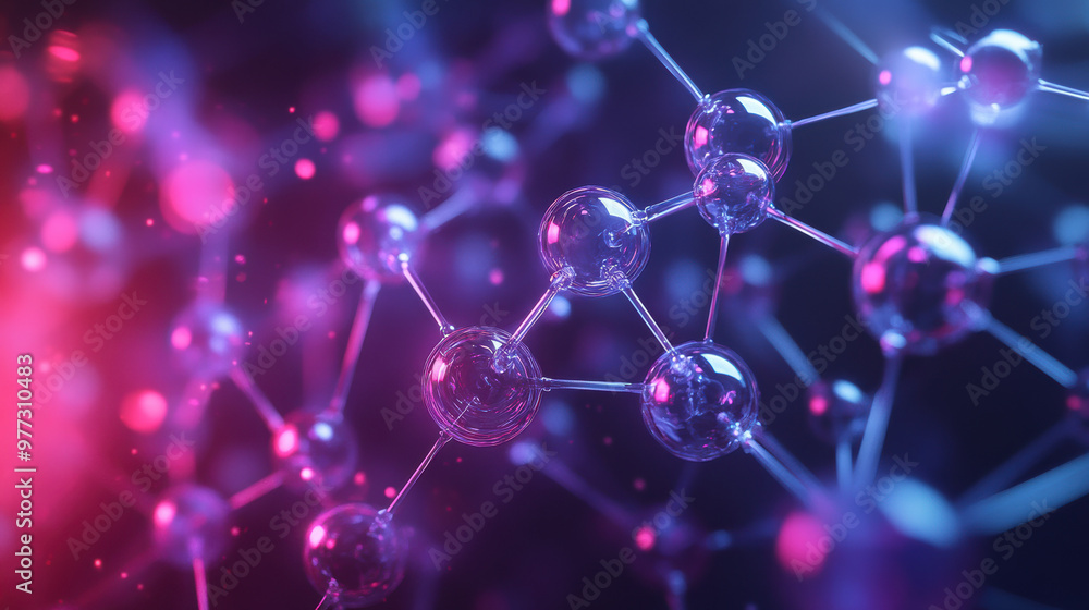 Aufkleber abstract depiction of molecular structure with interconnected atoms in vibrant red and blue hues, sh