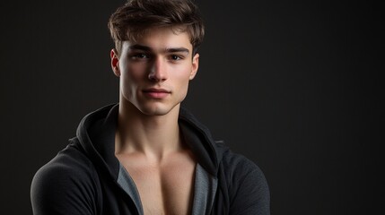Dramatic portrait of a young man with chiseled features in a partially unzipped black hoodie against a dark background, exuding confidence and intensity.
