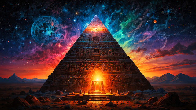 An esoteric pyramid under a starry night sky. Hermetic and ancient wisdom concept.