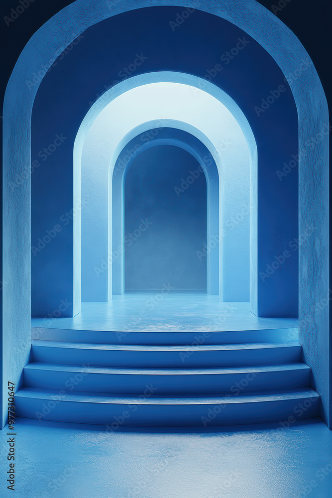 Poster modern abstract blue archways create a mesmerizing symmetrical pathway with soft light and smooth te