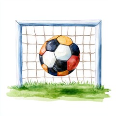 Colorful Soccer Ball in Goal Net on Green Grass Field