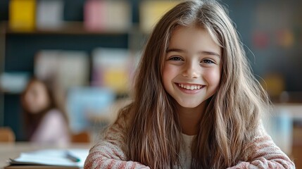 Radiant young girl with long brown hair and a beaming smile sits at a desk, exuding joy and confidence in a colorful, book-filled classroom environment.