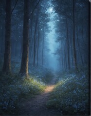 Fototapeta premium Mysterious moonlit forest path surrounded by lush blue flowers. Enchanting atmosphere with soft glowing light filtering through trees, perfect for fantasy themes, nature scenes, or magical landscapes.