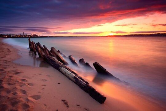 Sunset Over the Ocean with the Remains of a Shipwreck