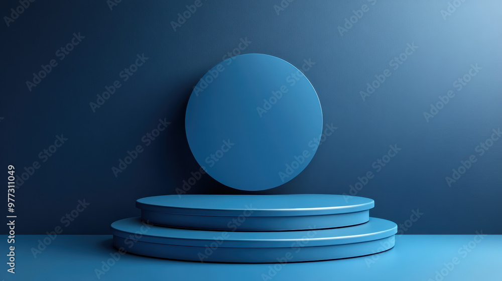 Poster minimalistic blue podium under spotlight with circular backdrop. perfect for product display or abst