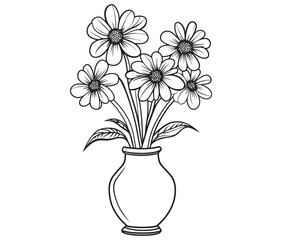 Coloring book worksheet for kids bouquet of flowers in vase 
