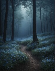 Fototapeta premium Mysterious moonlit forest path surrounded by lush blue flowers. Enchanting atmosphere with soft glowing light filtering through trees, perfect for fantasy themes, nature scenes, or magical landscapes.