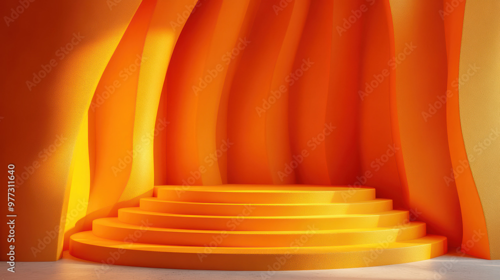 Poster vibrant orange abstract architecture with curved walls and circular steps, creating a dynamic and mo