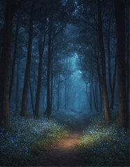 Fototapeta premium Mysterious moonlit forest path surrounded by lush blue flowers. Enchanting atmosphere with soft glowing light filtering through trees, perfect for fantasy themes, nature scenes, or magical landscapes.