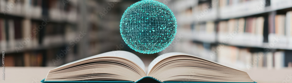 Poster open book with floating digital globe in a library background, symbolizing knowledge, technology, an