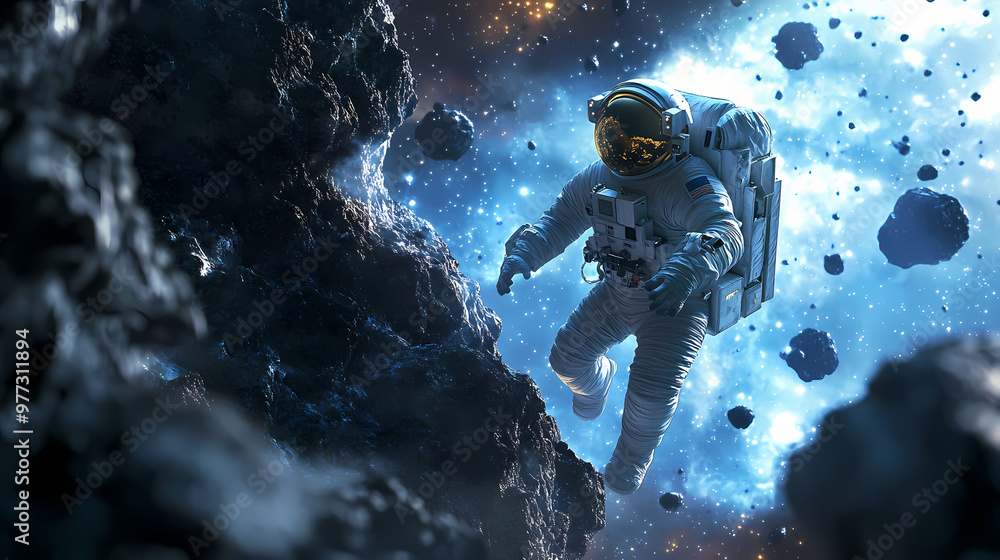 Wall mural astronauts with spaceship exploring an asteroid in space generative ai. space exploration. illustrat
