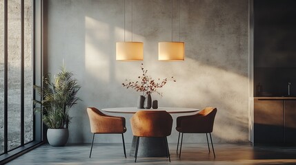 Fototapeta premium Chic dining room with eye-catching pictures of wooden dining tables picture