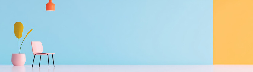 Naklejka premium Minimalistic interior with pastel walls, a pink chair, a potted plant, and modern lighting. Stylish setting for contemporary design inspiration.