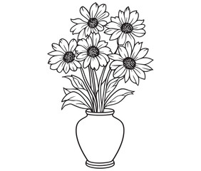 Coloring book worksheet for kids bouquet of flowers in vase 