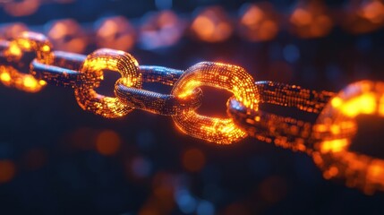 Cybersecurity protocol visualized as a glowing chain of interconnected security layers, intense and detailed