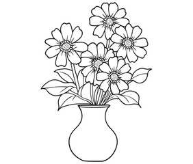 Coloring book worksheet for kids bouquet of flowers in vase 