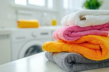 colorful towels stacked in a bright laundry room, soft hues of pink, orange, white, and gray against a light background for a fresh and clean appearance